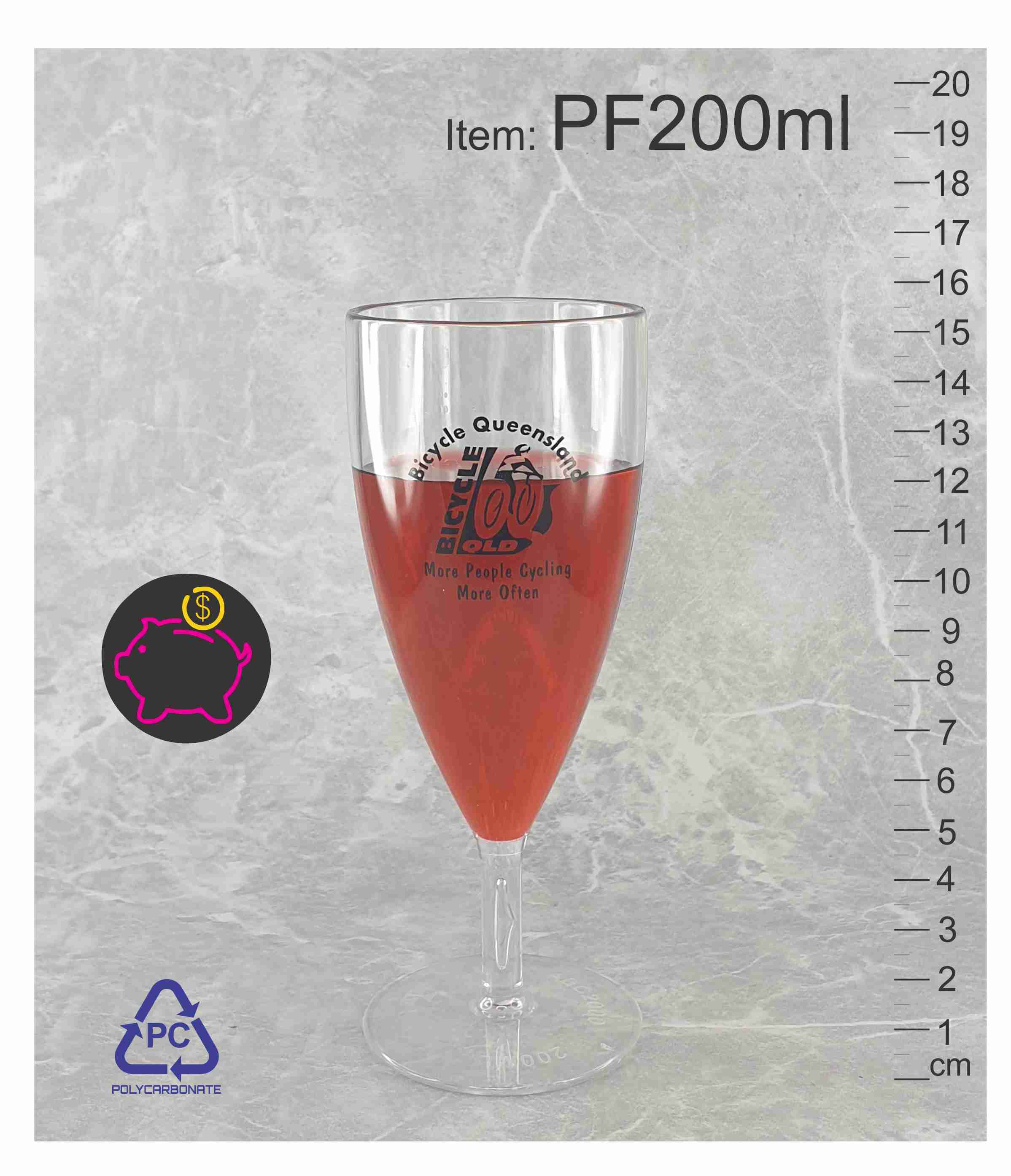 PF200-reusable-custom-printed-festival-events-party-unbreakable-plastic-wjite-juice-champane-drinking-flute-cup-glasses-abc2000-melbourne-Australia plastic flute wine glass
