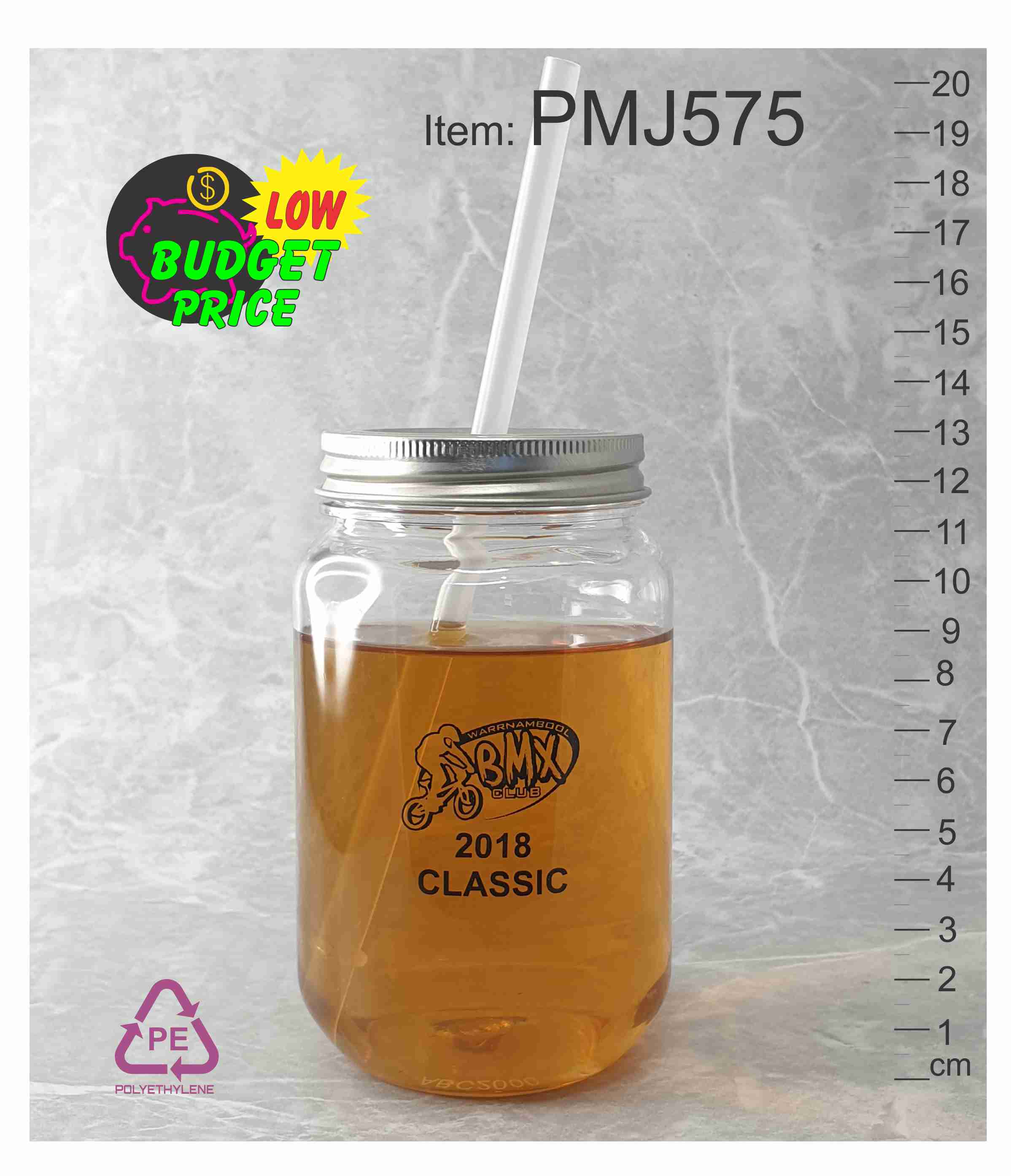 PMJ575-custom-printed-event-party-festivals-unbreakable-plastic-mason-jar-with-metal-lid-straw-abc2000-melbourne-australia black logo printed plastic mason jar glass